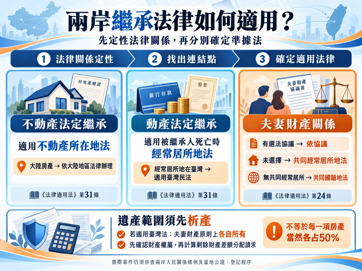 兩岸繼承法律適用示意圖,說明大陸房產、銀行存款與夫妻財產關係，應分別依不動產所在地、被繼承人經常居所地及夫妻財產準據法判斷，並提醒臺灣法下房產並非當然各占50%。